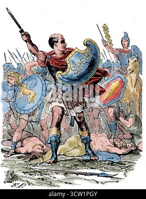 Krieg gegen die Nervii. Ein belgischer Stamm, der während der Gallienkriege (58–50 v. Chr.) in einer Koalition gegen Rom kämpfte. Der Sieg ging an Julius Cäsar. Julius Cäsar während der Schlacht. Gravur, 1851. Stockfoto