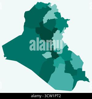 Karte des Irak mit Regionen. Nur eine einfache Ländergrenzkarte mit regionaler Aufteilung. Farbpalette Petrol. Klare irakische Form mit administrativer Teilung. Stock Vektor