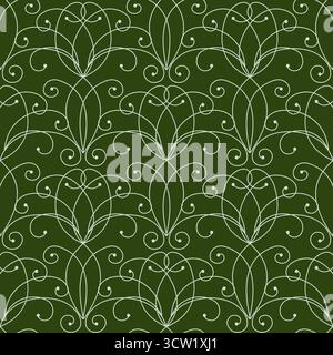 Nahtloses Muster gekrümmter Linien. Weiße Locken auf grünem Hintergrund. Kunstvolle komplexe Ornamente.. Frostmuster am Fenster. Klassisches Vintage-Design. Mono Stock Vektor