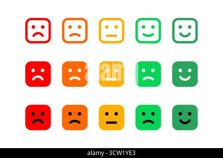Bewertungsskala für Zufriedenheit mit farbigen quadratischen Flächen. Kundenfeedback und Bewertung der Emotionen. Umfrageergebnisse, Qualitätsbewertung und Leistung. Stock Vektor