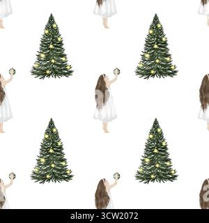 Nahtloses Muster mit Weihnachtsbaum-Aquarellen. Handgezeichnete Bäume. Perfekt zum Bedrucken von Stoffen und weihnachtlichen Textilien. Stockfoto