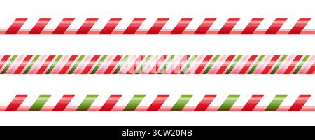 Zuckerrohr-Rand weihnachtsdekoration, Weihnachten süße nahtlose Dekoration. Streifen grün, rot und rosa Farbe, dünn und dick. Retro-Stick, Lutscher, Zuckerrohr. . Vektorabbildung Stock Vektor