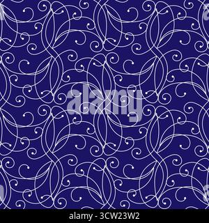 Nahtloses Muster gekrümmter Linien. Weiße Locken auf blauem Hintergrund. Verzierte komplexe Ornamente. Winterfrostmuster am Fenster. Klassisches Schwarzweiß-Dunkel Stock Vektor