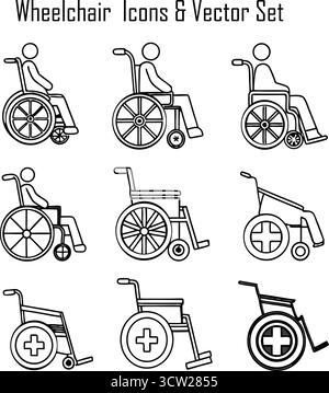 Rollstuhl-Symbole setzen Vektorillustration für Barrierefreiheit, Behinderung und medizinische Symbole Stock Vektor