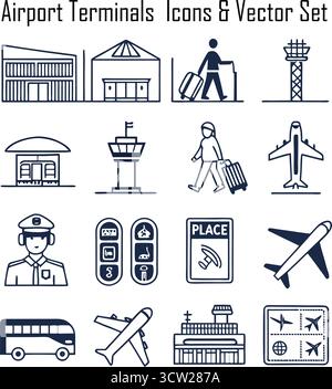 Symbole für Flughafenterminals setzen Vektorgrafik von Symbolen für Reise-, Luftfahrt- und Verkehrswesen Stock Vektor