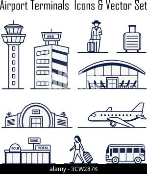 Symbole für Flughafenterminals setzen Vektorgrafik von Symbolen für Reise-, Luftfahrt- und Verkehrswesen Stock Vektor