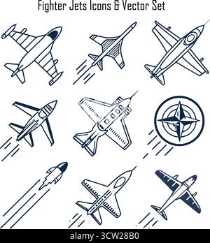 Kampfflugzeug-Symbole setzen Vektorillustration von Militärflugzeugen und Luftfahrtsymbolen Stock Vektor