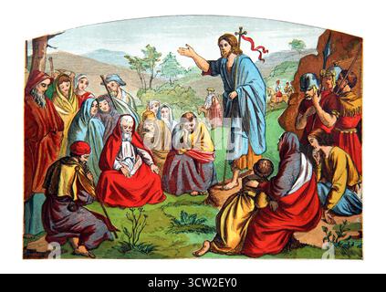 Illustration von Johannes dem Täufer, der in der Wildnis von Judäa predigt (Matthäus), aus dem 19. Jahrhundert Bildsonntagslesungen von Reverend William Ow Stockfoto
