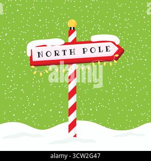 Nordpol Richtungsschild mit Schnee und Weihnachtsbeleuchtung flache Illustration. Stock Vektor