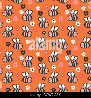 Nahtloses Muster mit Bienen. Kleine Wespe. Vektorabbildung. Design für Einladung, Karten, Textil, Stoff. Doodle-STYLE Stock Vektor