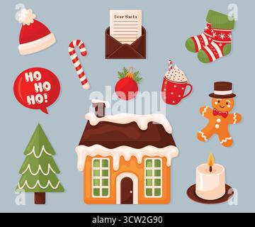 Weihnachtselemente Set mit Lebkuchenhaus Kiefer und Socken Vektor. Stock Vektor