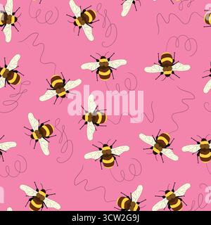 Nahtloses Muster mit Bienen. Kleine Wespe. Vektorabbildung. Design für Einladung, Karten, Textil, Stoff. Doodle-STYLE Stock Vektor