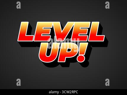 Ein auffälliger und farbenfroher Grafiktext mit der AUFSCHRIFT „LEVEL UP“! Mit Verlaufseffekt, Einstellung vor dunklem Hintergrund. Stock Vektor