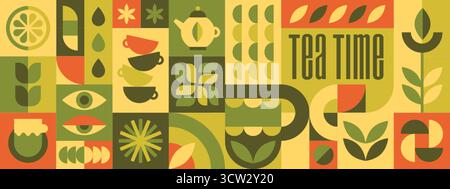 Vektor minimalistischer nahtloser Hintergrund, abstraktes geometrisches Muster mit Teeblättern, Getränketassen, Pflanzen-, Zitronen- und bauhaus-Elementen. Designvorlage für Café-Cover oder -Paket in grünen und orangen Farben Stock Vektor