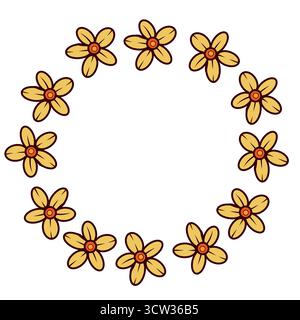 Ein Kranz gelber Blumen, handgezeichnet im Vektor. Vektor-Illustration eignet sich zum Drucken auf Stoff, Papier, für Einladungen, Hochzeitseinladungen Stock Vektor