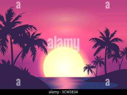 Eine futuristische Neon-Retro-Landschaft mit Palmen und einem glühenden Sonnenuntergang über dem Meer. Retrofuturismus. Neon-Sonnenuntergang. Vektor Stock Vektor