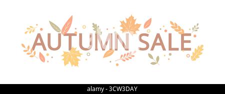 Herbstverkauf Banner mit Text und herbstbunten Blättern auf weißem Hintergrund, flache Vektorillustration Stock Vektor