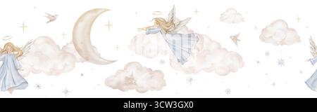 Horizontale nahtlose Grenze mit Weihnachtskomposition mit Engeltrompeten nimbus unter den Wolken Mond. Aquarellillustration Christliche Geburt Stockfoto