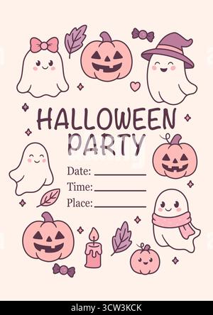 Niedliche Halloween-Party-Einladung mit Geistern, Kürbissen und Süßigkeiten Stock Vektor