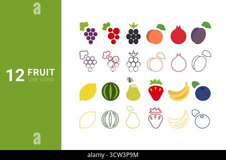 Diese Kollektion zeigt zwölf einzigartige Symbole von Früchten, darunter Trauben, Erdbeeren und Wassermelonen. Das Design bietet eine Mischung aus durchgehenden und umrissenen Stilen, die einen frischen Look schaffen. Stock Vektor