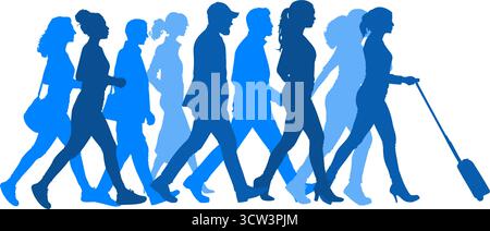 Menschenmenge, die in den Schlangenlinien läuft. Vektor-Illustration verschiedener Männer und Frauen, die reisen, pendeln oder in der Warteschlange stehen, in Blautönen Stock Vektor