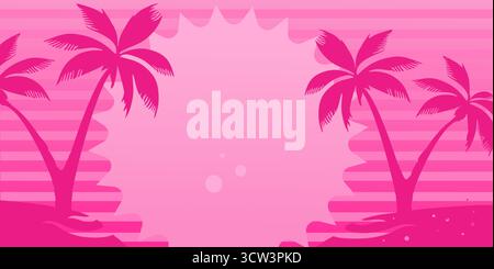 Leuchtender rosafarbener tropischer Hintergrund mit Palmensilhouetten. Vektorbanner im Retro-Stil für Sommerverkäufe, Urlaubsthemen und Design der 80er oder 90er Jahre Stock Vektor