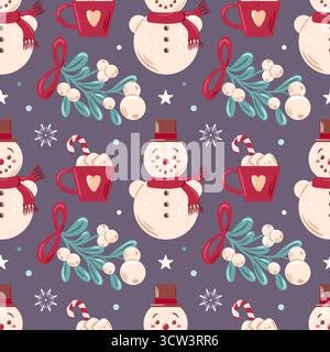 Das nahtlose Muster zeigt fröhliche Schneemänner, Mistel, heiße Schokoladentassen und zarte Schneeflocken. Perfekt für Wintermotive, erinnert er an ein gemütliches Design Stock Vektor