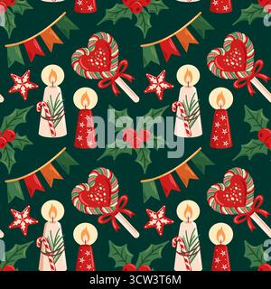 Das Muster zeigt herzförmige Lutscher, skurrile Mistel, festliche Fahnen und leuchtende Kerzen. Für Motive mit Weihnachtsmotiven strahlt es aus Stock Vektor
