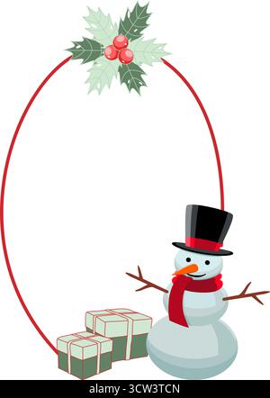 Feiertagsrahmen mit Schneemann, Geschenken und Dekorationen Vektor Illustration Stock Vektor