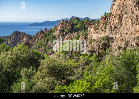 Eine kurvenreiche Straße von Korsika führt durch zerklüftete Berge und dichtes Grün und führt zum riesigen blauen Meer. Dieser atemberaubende Blick fängt die Schönheit der Natur ein Stockfoto