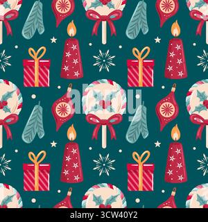 Nahtloses Muster mit Kerzen, Weihnachtsgeschenken und Baumschmuck. Dieses bezaubernde Design fängt die Essenz des Urlaubsgeistes ein und macht es ideal Stock Vektor