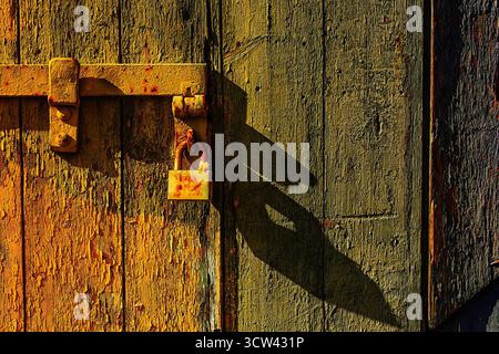 Ein rostiges Vorhängeschloss und eine Metallverriegelung erzeugen einen dramatischen Schatten auf einer sonnendurchfluteten Holztür mit abblätternder Farbe. Stockfoto