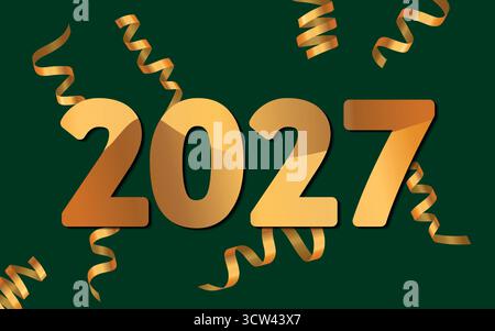 Frohe Weihnachten oder Happy New Year Design. 2027 Weihnachtsdekoration auf farbigem Hintergrund. Grußvektorkarte, Banner, Festkonzept mit Metallic Stock Vektor