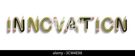 Das Wort "Innovation" wurde mit Bleistiften auf weißem Hintergrund geschrieben. 3D-Abbildung. Stockfoto