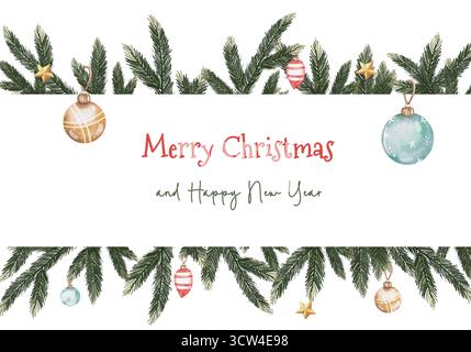 Weihnachtskarte in Aquarellfarben mit Tannenzweigen, goldenen Sternen und bunten Kugeln. Festliche frohe Weihnachten und Happy New Year Text auf weißem Hintergrund. Elegantes Weihnachtsgrüßdesign Stockfoto