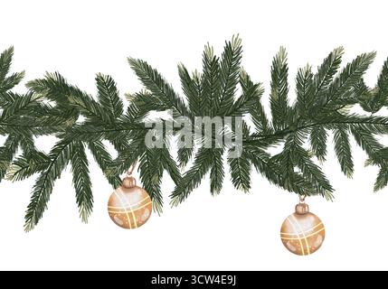 Nahtlose Aquarellgrenze mit grünen flauschigen Zweigen der Weihnachtstanne und hängenden Goldkugeln auf weißem Hintergrund. Illustration für Neujahrskarten, drucken. Stockfoto