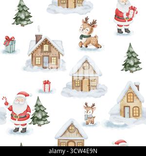 Nahtloses Aquarellmuster mit Weihnachtsmann, niedlichen Rentieren, verschneiten Häusern, Weihnachtsbäumen und Geschenkboxen. Gemütliche Winterferien-Illustration auf weißem Hintergrund Stockfoto