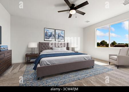 Stellen Sie sich ein gemütliches Schlafzimmer mit einem komfortablen Bett, einem eleganten Fernseher für Unterhaltung und einem beruhigenden Deckenventilator vor, damit die Luft zirkuliert Stockfoto