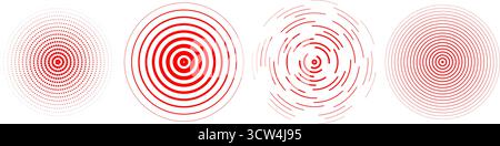 Roter radialer konzentrischer Kreis. Gekräuselte, gestrichelte und gepunktete Ringe für Epizentrum, Ziel, Radar und Erdbebenschockwelle. Erfassung von Schallwellensignalen. Vektorausdehnende Vibrationselemente Stock Vektor