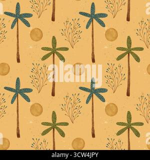 Ein lebhaftes Muster mit Palmen und minimalistischer Flora vor warmer Sandkulisse. Handgezeichnetes nahtloses Muster zum Bedrucken von Textilien, Papier und Verpackungsmaterialien. Stockfoto