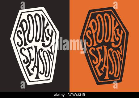Gruselige Saison im Sarg geschrieben. Happy Halloween Vektor-Schriftzug. Weihnachtsbeschriftung für Banner. Happy Halloween Poster, Grußkarte, Party Stock Vektor