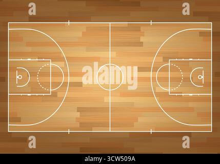 Basketballplatz mit Blick von oben auf Holzboden. Layout des Basketballplatzes mit Linien und Markierungen. Basketballplatz Hintergrund. Parkett Hartholz Indoor Arena Stock Vektor