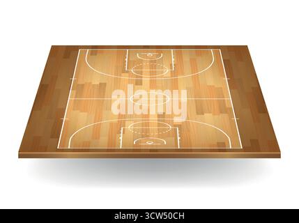 Basketballplatz mit Blick von oben auf Holzboden. Layout des Basketballplatzes mit Linien und Markierungen. Basketballplatz Hintergrund. Parkett Hartholz Indoor Arena Stock Vektor