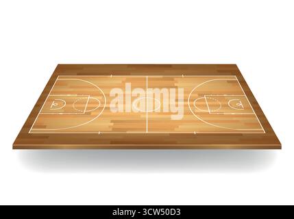 Basketballplatz mit Blick von oben auf Holzboden. Layout des Basketballplatzes mit Linien und Markierungen. Basketballplatz Hintergrund. Parkett Hartholz Indoor Arena Stock Vektor