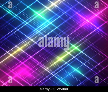 Leuchtender abstrakter Hintergrund mit diagonalen Neonlaserstrahlen in Magenta-Cyan-Blau und Limettengrün auf einer dunklen futuristischen Oberfläche, digitale Technologie m Stock Vektor
