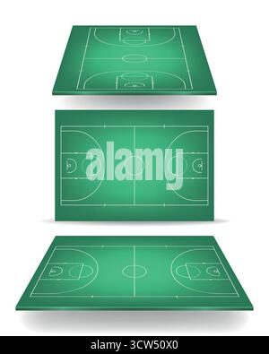 Basketballfeld-Set. Grünes Basketballfeld mit Innenbereich, Blick von oben, isometrisch und perspektivisch. Basketballplatz Hintergrund für Sportdesign, Taktik Stock Vektor