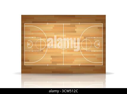 Basketballplatz mit Blick von oben auf Holzboden. Layout des Basketballplatzes mit Linien und Markierungen. Basketballplatz Hintergrund. Parkett Hartholz Indoor Arena Stock Vektor