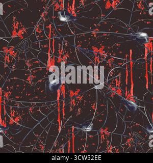 Spinnen auf Spinnennetz mit Blutspritzern und Flecken nahtlosem Muster. Handgezeichnete Aquarellillustration gruselige Spinnennetz für Halloween an Stockfoto