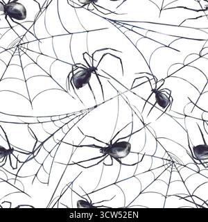 Spinnen auf Spinnennetz nahtloses Muster. Aquarell handgezeichnet realistisches schwarzes und graues Netz gruseliges Halloween Gruseldesign für Stoff, Horror Verpackung Stockfoto