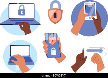 Schutz des digitalen Lebens durch den Schutz persönlicher Daten auf Laptops, Telefonen und Online-Konten, dargestellt in flacher Vektorform auf einem übersichtlichen Hintergrund. Stock Vektor